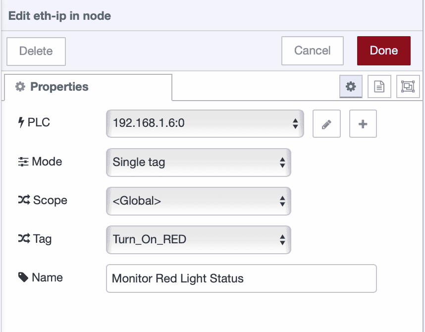 Configuring the EtherNet/IP in node to read a single tag from the PLC