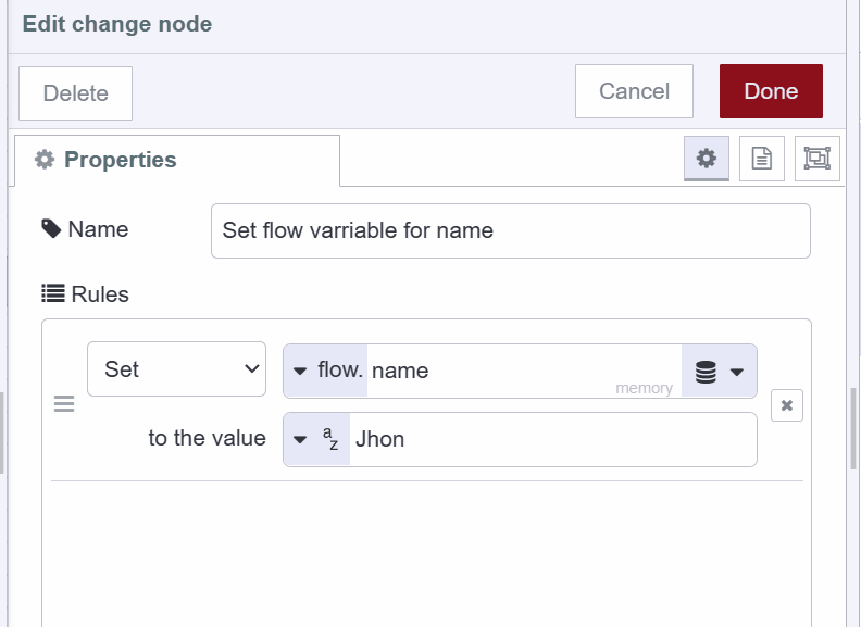 Screenshot showing how to set flow variable using the change node "Screenshot showing how to set flow variable using the change node"